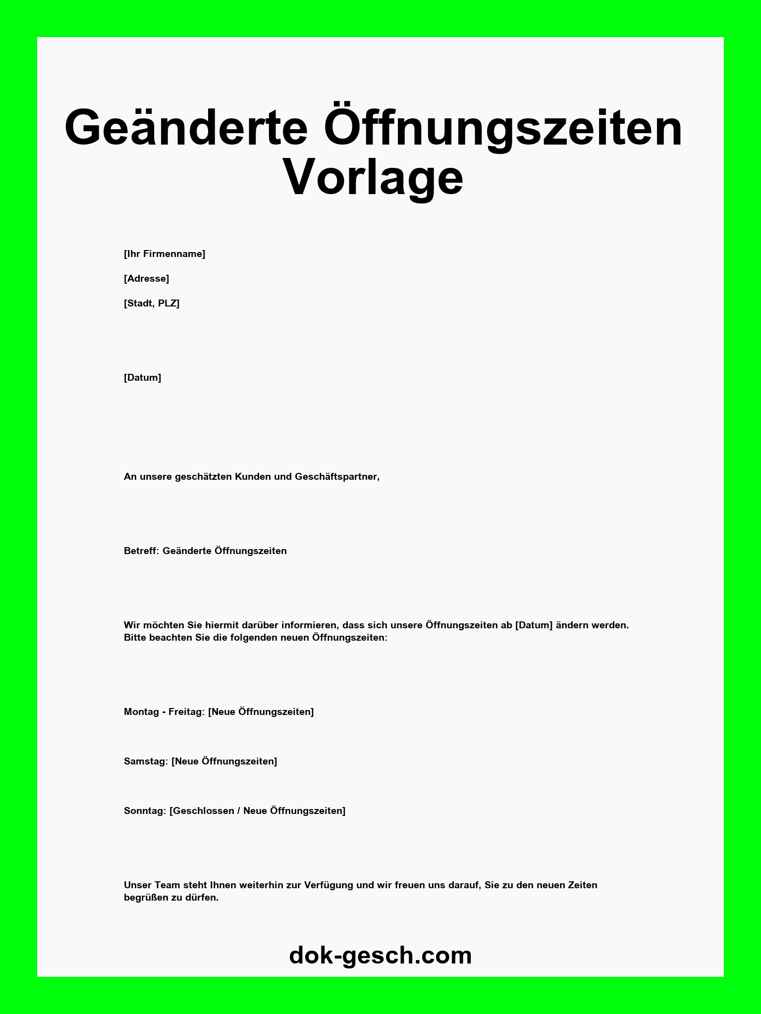 Geänderte Öffnungszeiten Vorlage (WORD)