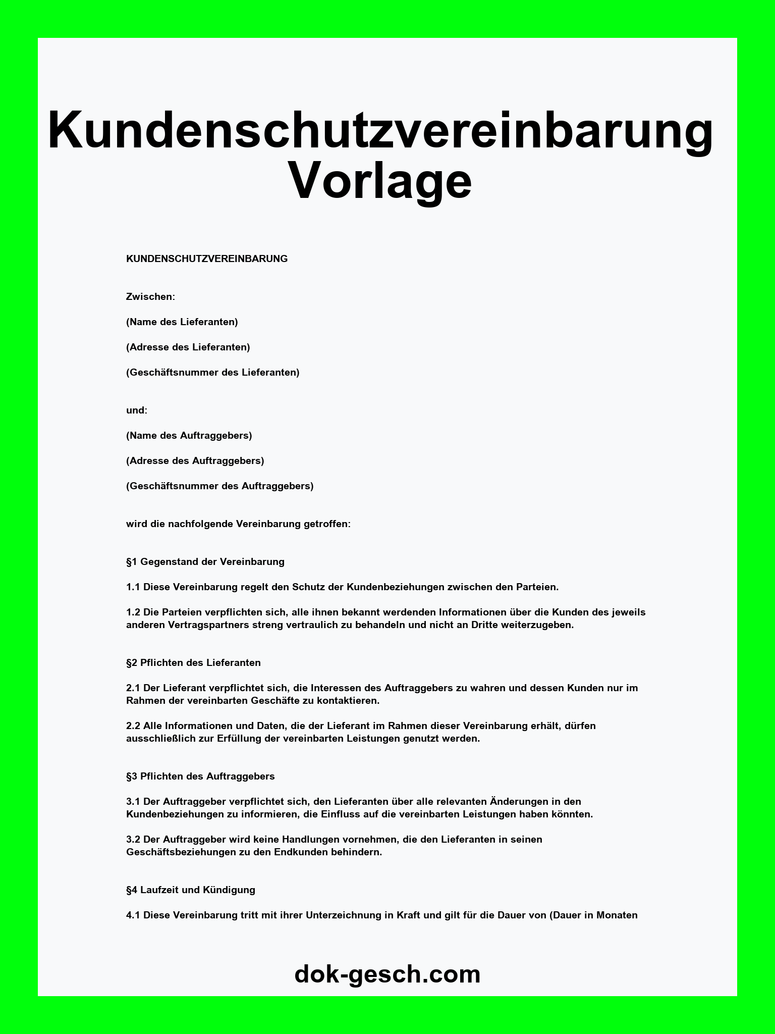 Kundenschutzvereinbarung Vorlage