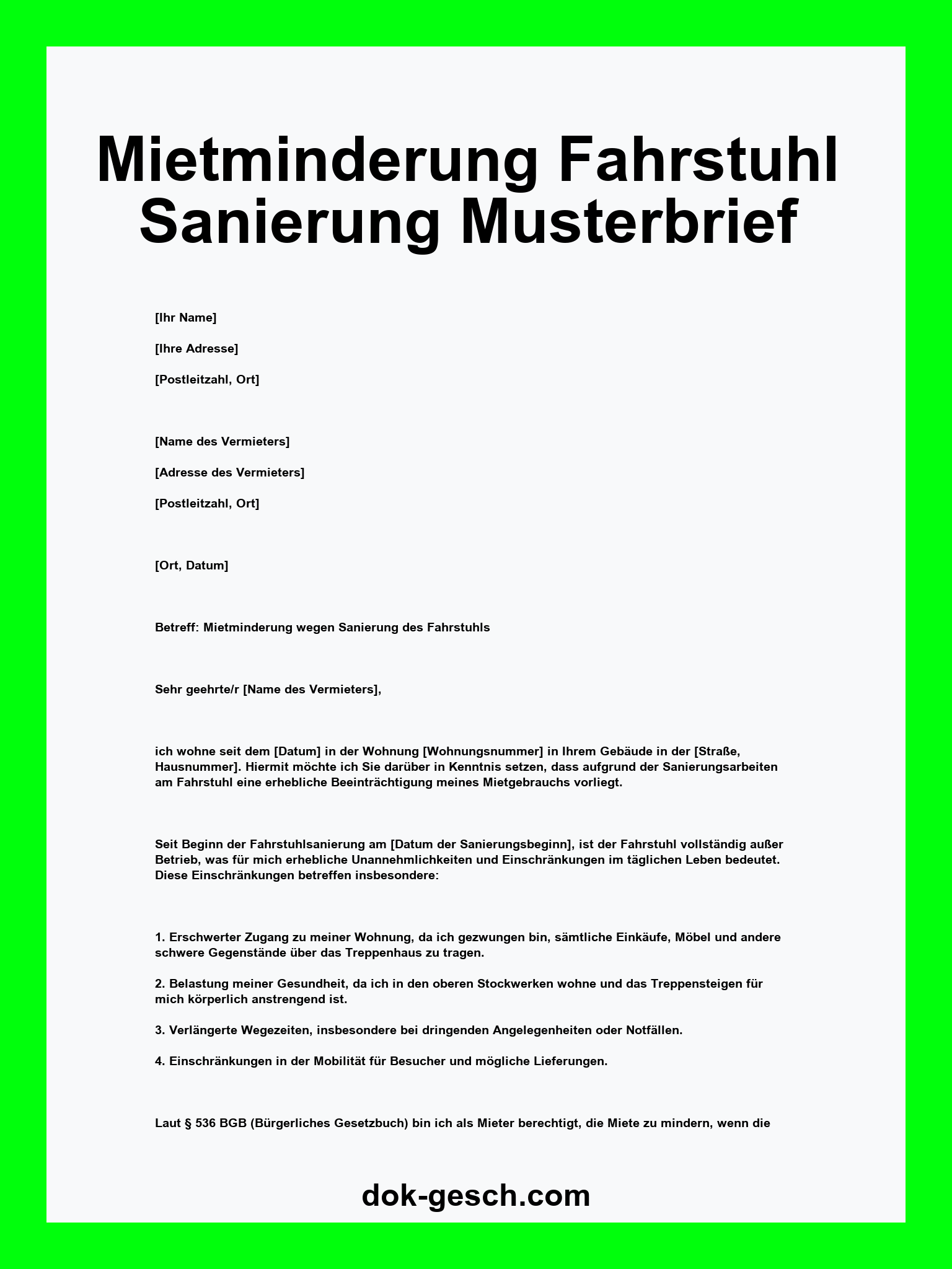 Mietminderung Fahrstuhl Sanierung Musterbrief