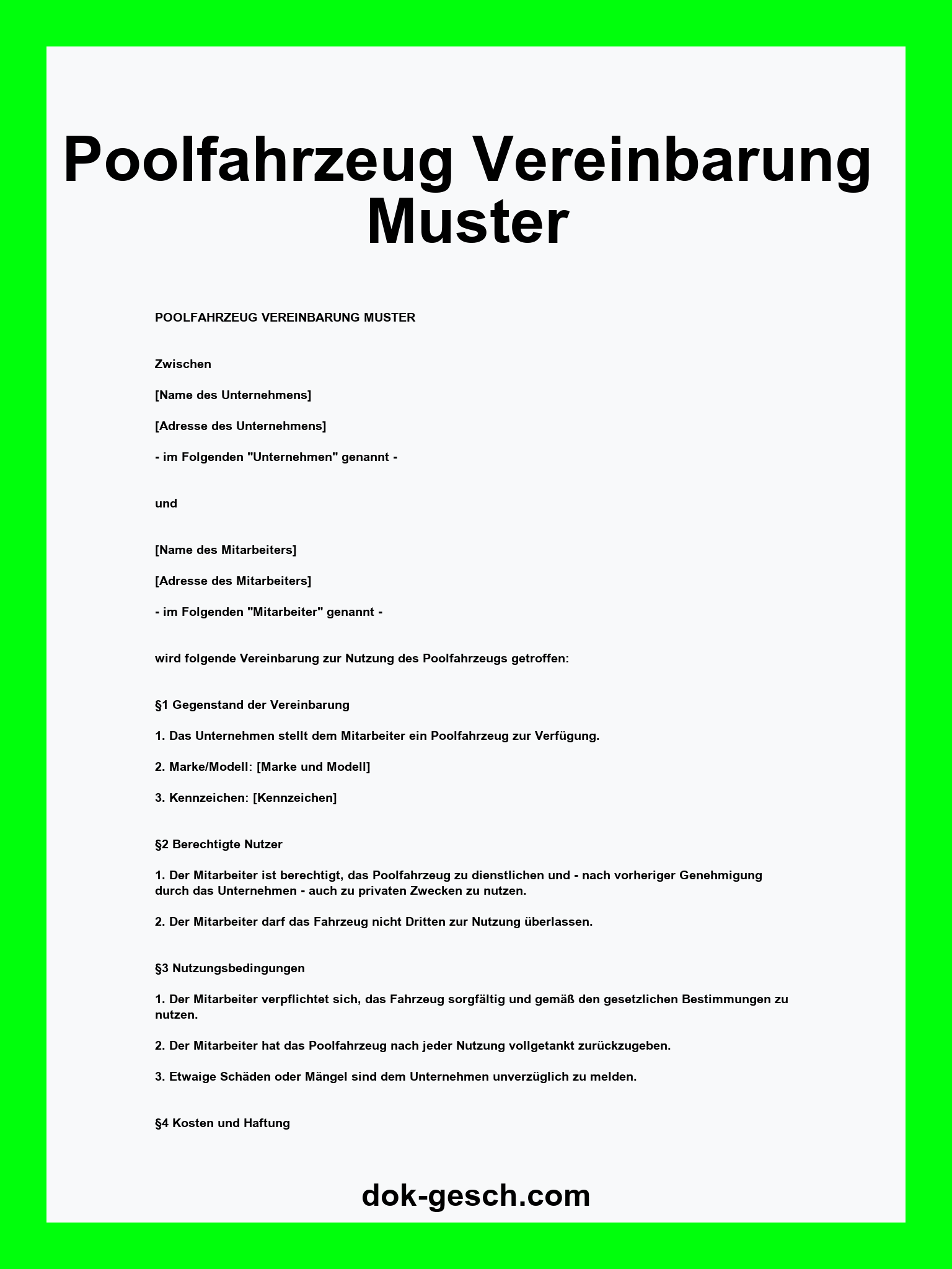 Poolfahrzeug Vereinbarung Muster