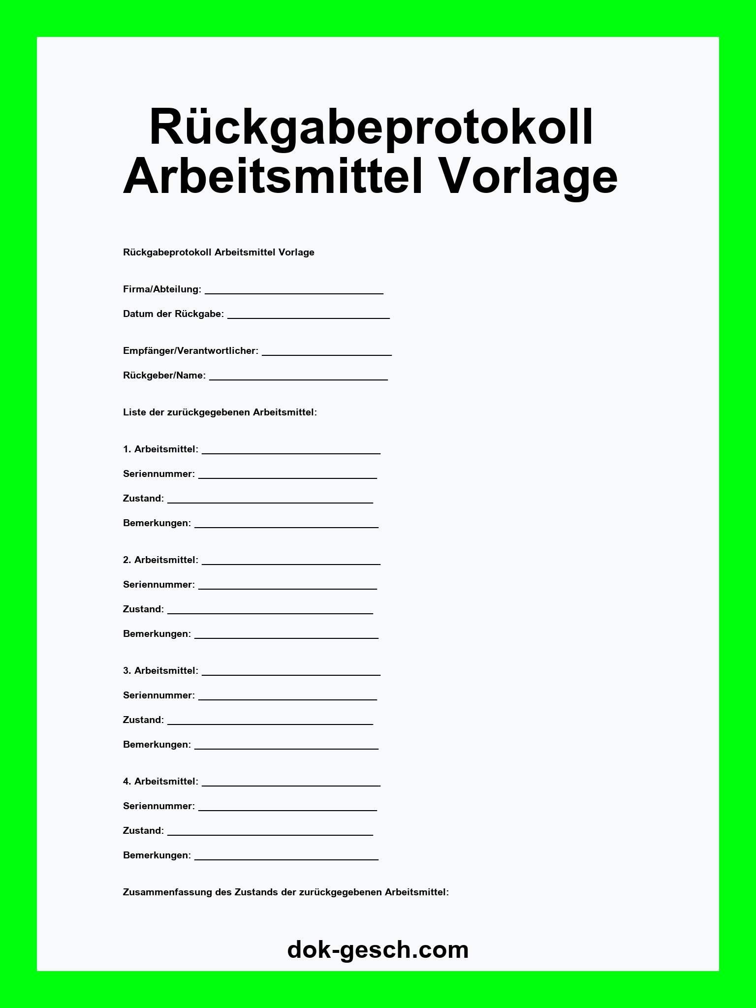 Rückgabeprotokoll Arbeitsmittel Vorlage WORD