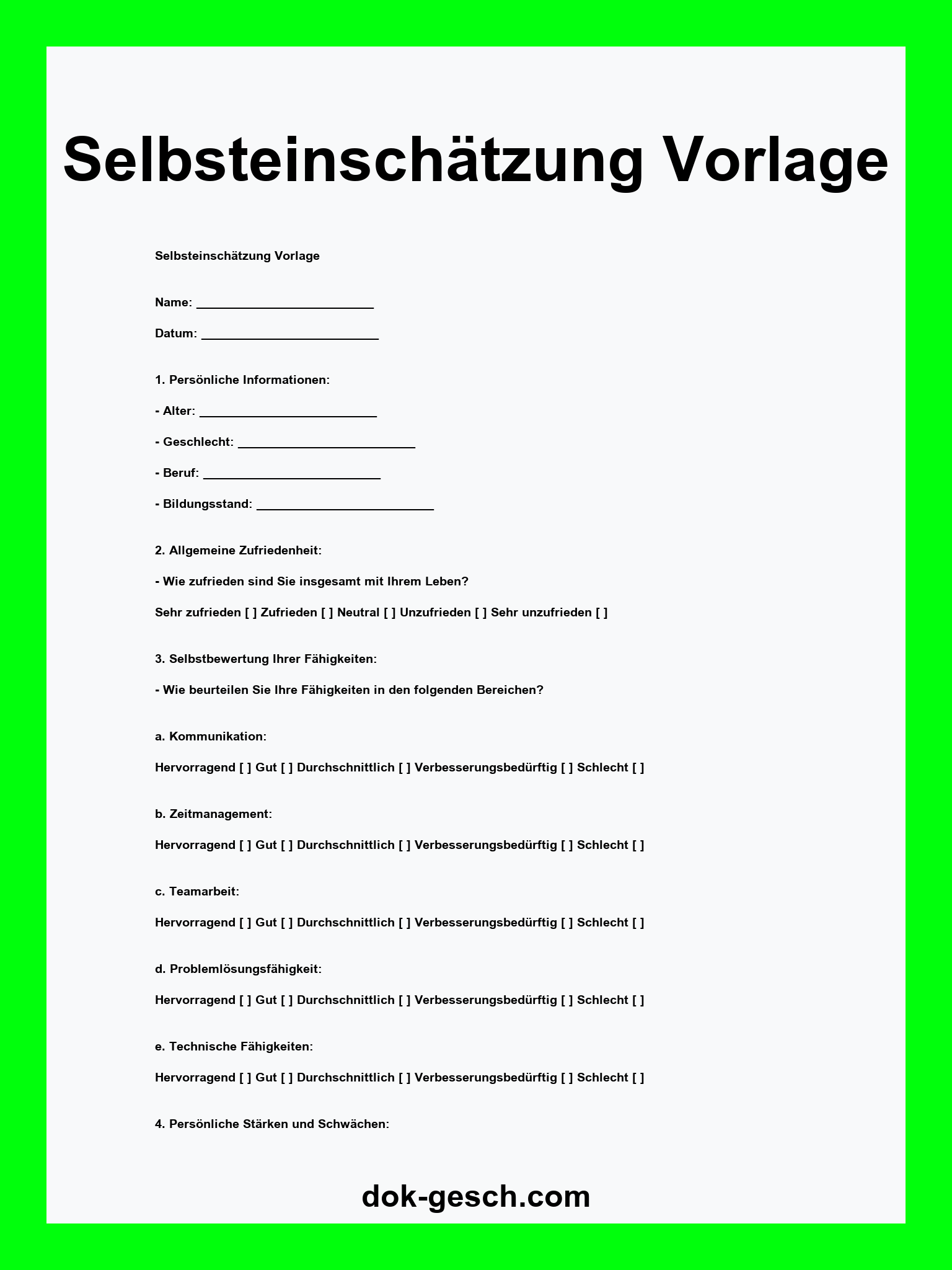 Selbsteinschätzung Vorlage PDF