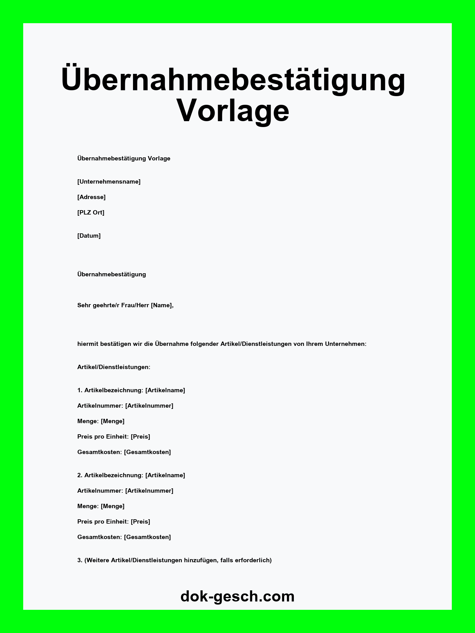 Übernahmebestätigung Vorlage WORD