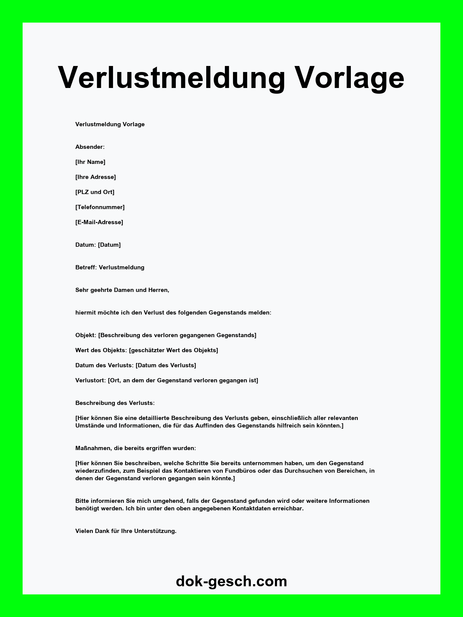 Verlustmeldung Vorlage