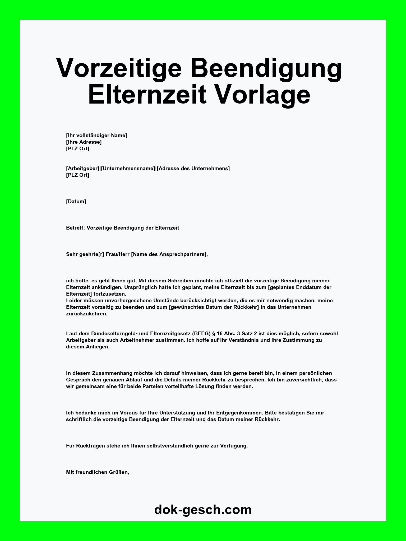 Vorzeitige Beendigung Elternzeit Vorlage